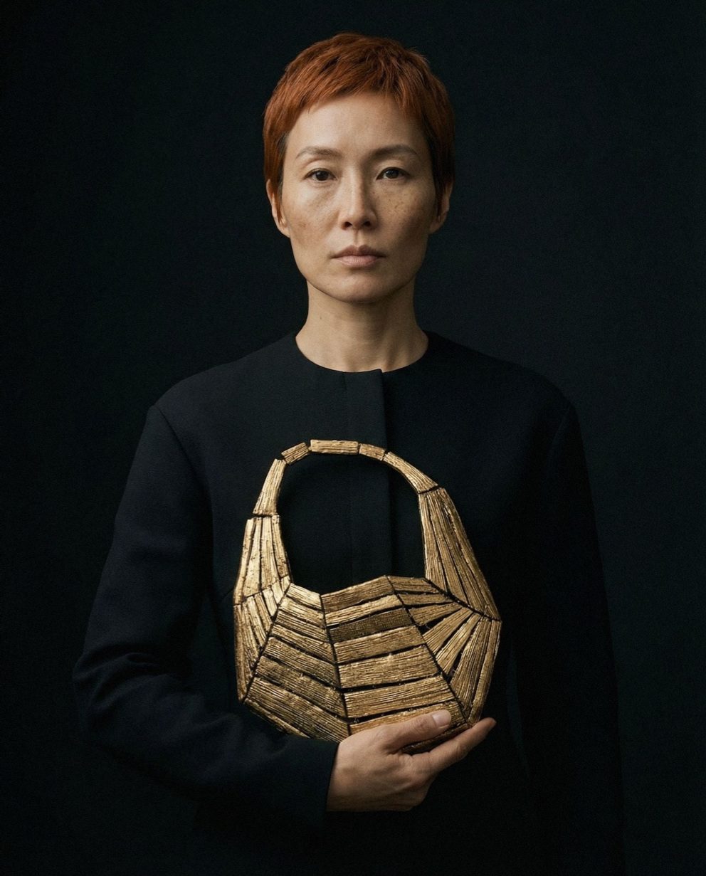 A woven gold GFW bag, held