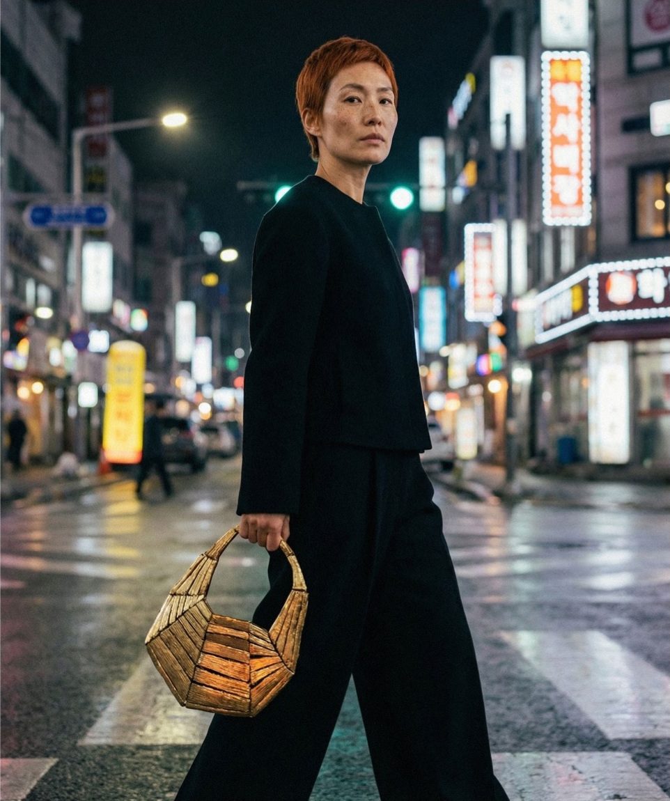 A gold GFW bag carried through the streets of Seoul