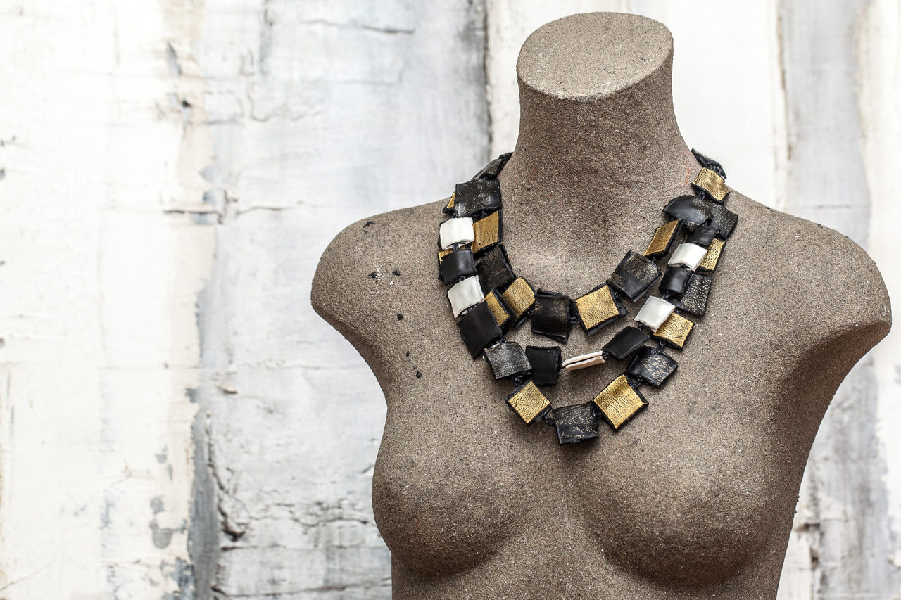 Terra collar necklace in black, white and gold squares